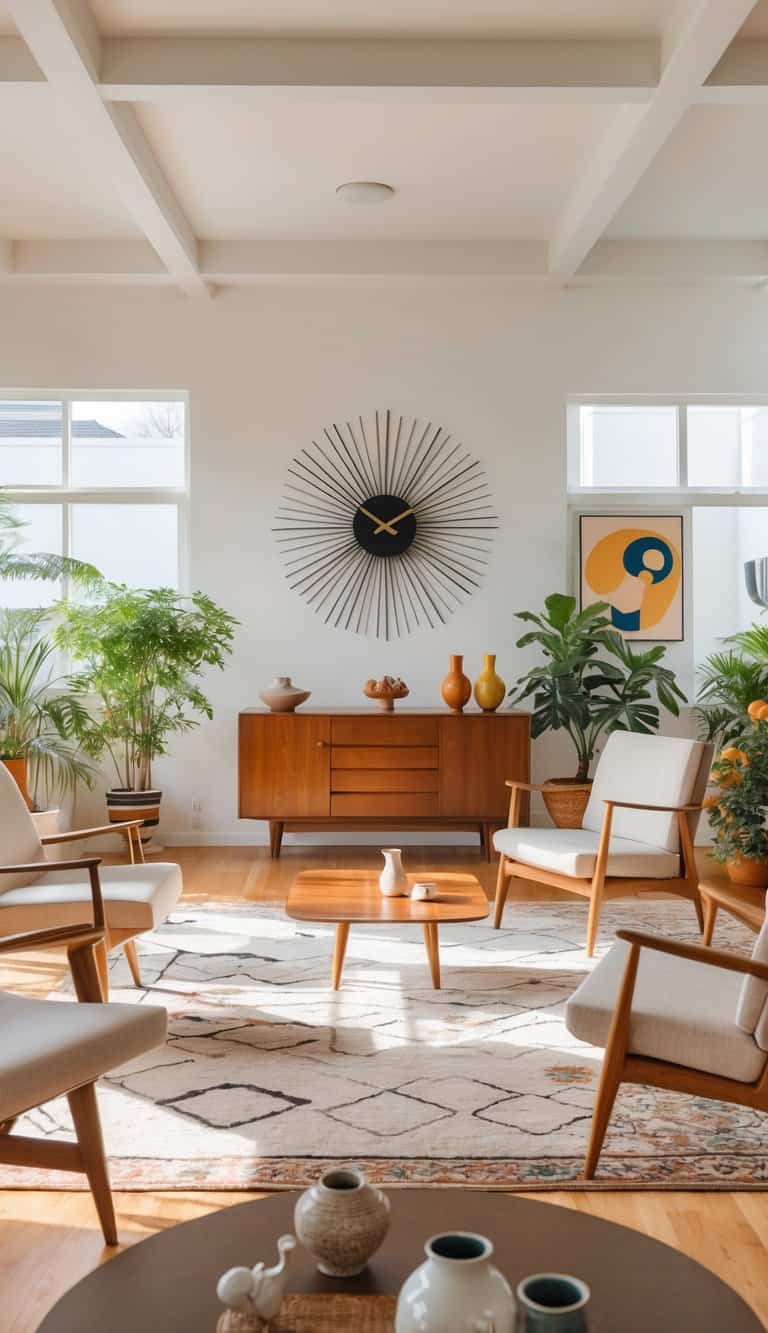 A bright living room with a starburst clock on the wall, wooden furniture, and large windows letting in natural light.