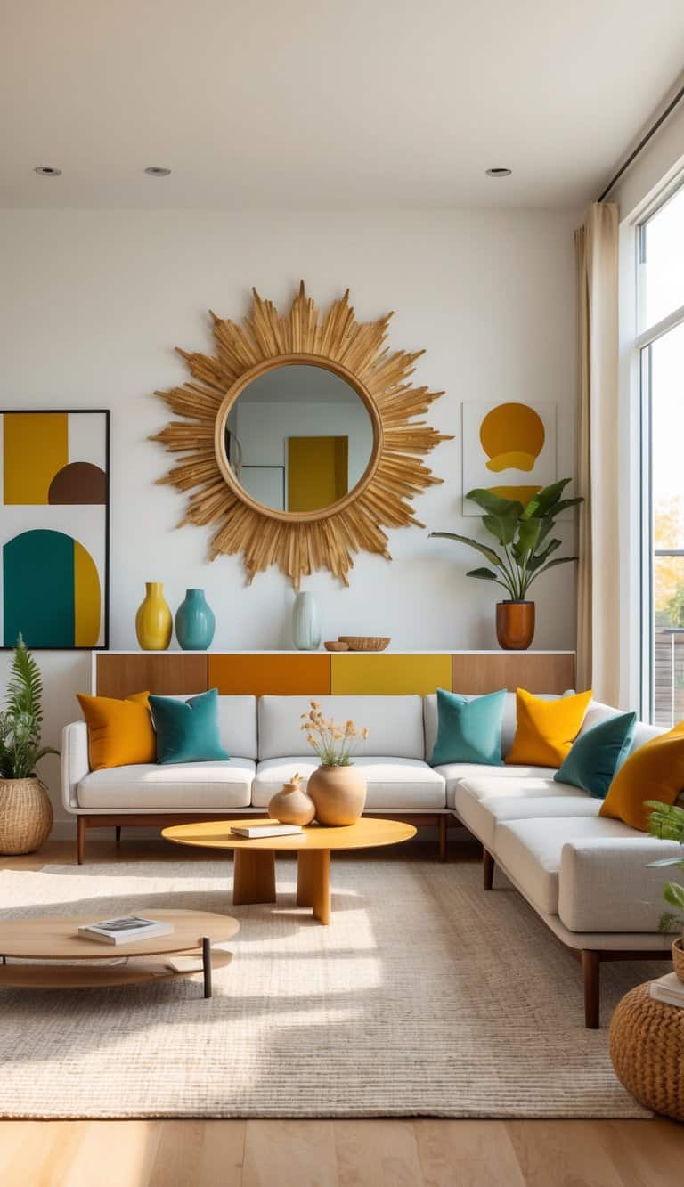 A living room with a sunburst mirror above a sofa, a coffee table, plants, and large windows letting in natural light.