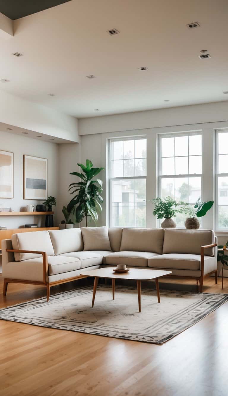 A bright living room with a low-profile sectional sofa, wooden coffee table, and large windows letting in natural light.