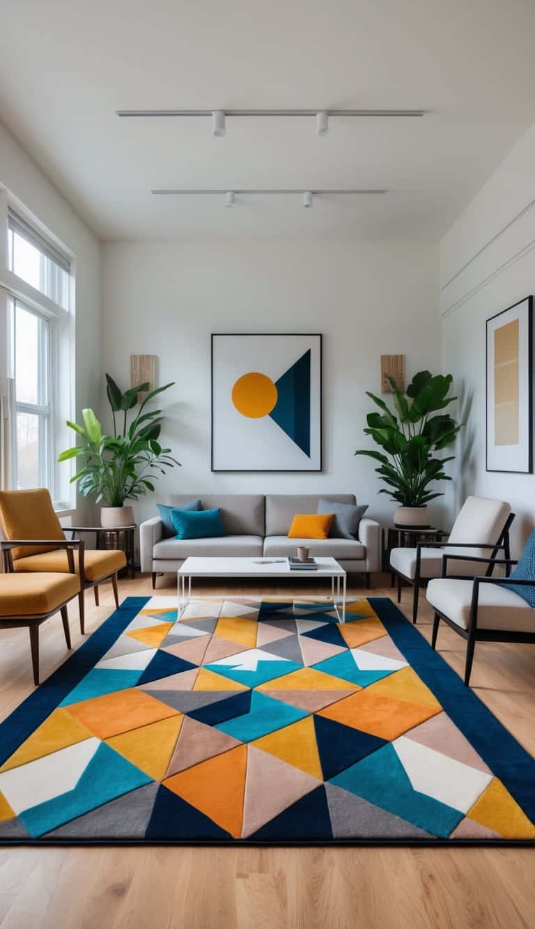 A bright living room with a geometric patterned rug, sofa, coffee table, armchairs, and indoor plants.