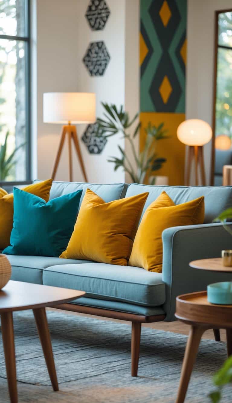 A living room with a sofa decorated with mustard yellow and teal throw pillows, wooden furniture, and natural light coming through a large window.