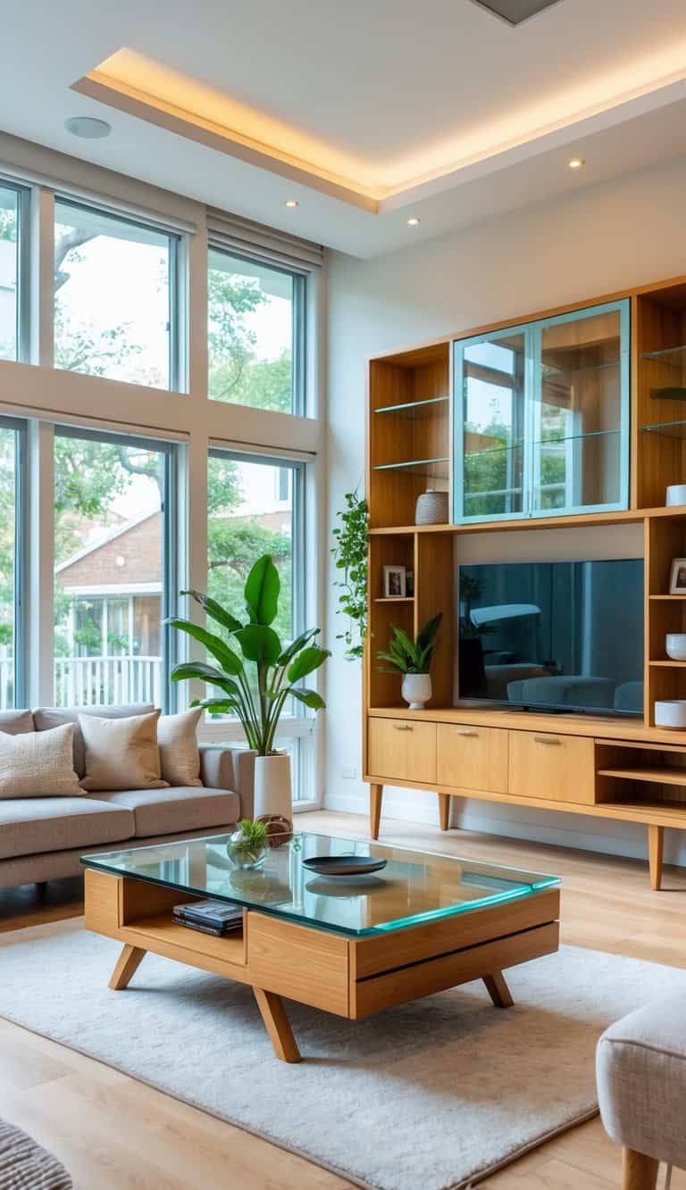 A bright living room with a glass coffee table, wooden furniture, neutral cushions, and indoor plants.