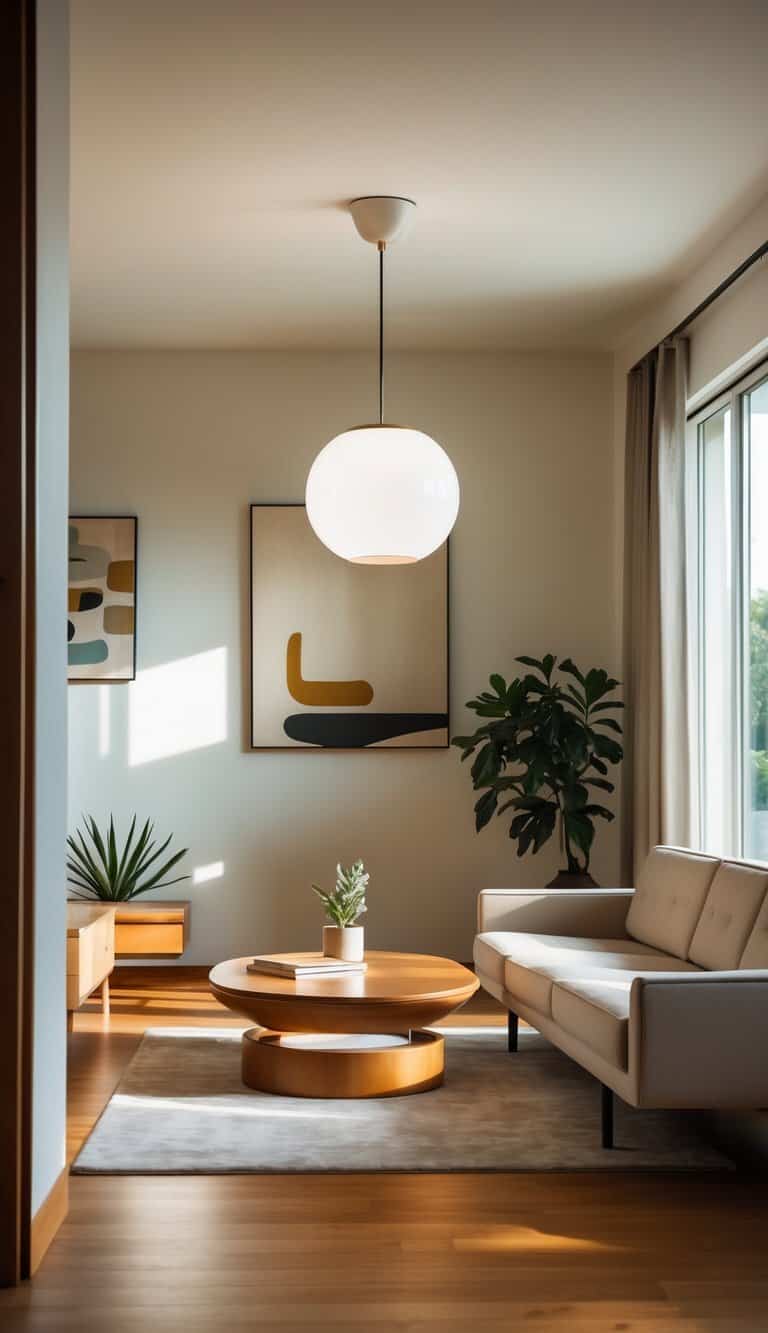 A living room with a round white hanging lamp above a sofa, a coffee table, plants, and large windows letting in natural light.