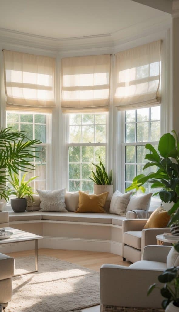 A bright living room with large bay windows, light-colored Roman shades, a built-in window seat, potted plants, and neutral-toned furniture with yellow accent pillows.