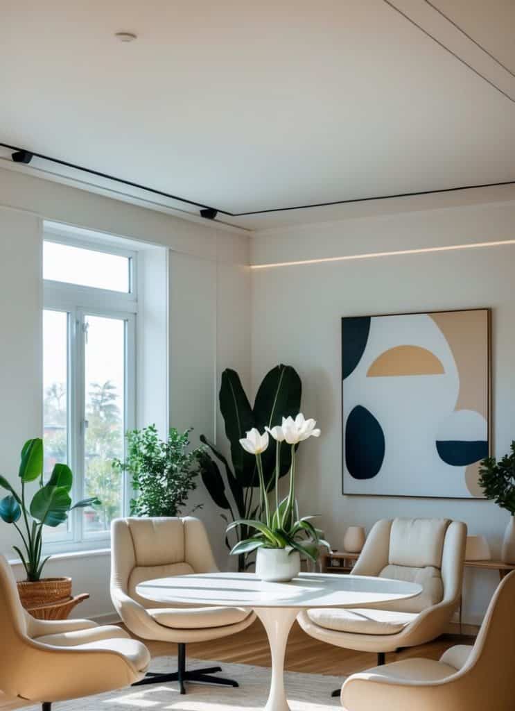 A modern living room with four beige chairs around a white circular table, potted plants, a large abstract painting, and natural light from a window.
