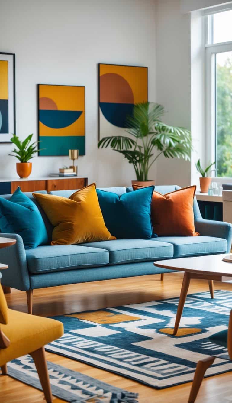A bright living room with a sofa covered in colorful cushions, a coffee table, a rug, and a potted plant near a large window.