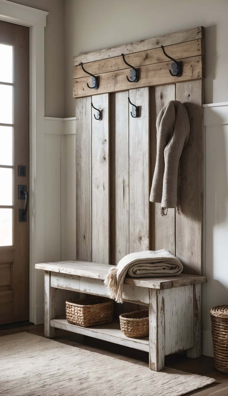 A wooden bench with coat hooks mounted above it in an entryway.