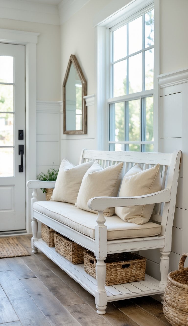 A whitewashed wood bench with soft beige cushions in a bright entryway with natural light.