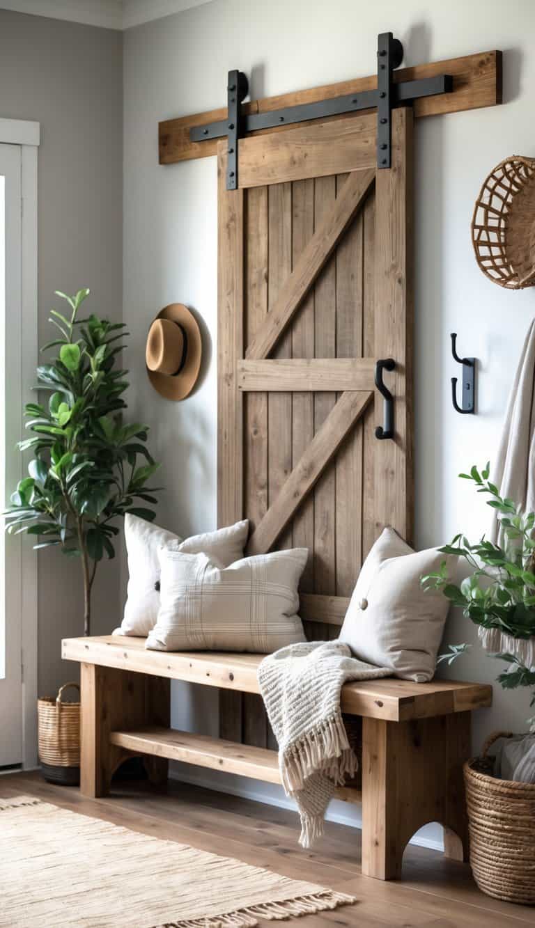 Wooden bench with cushions under a rustic barn door mounted on the wall in an entryway with a plant and basket nearby.