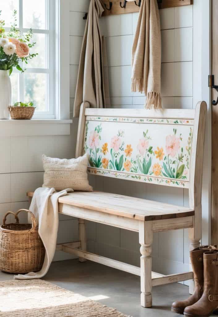 A hallway with a painted bench, throw blanket, pillow, woven basket, boots, and a coat rack holding scarves and hats. A window and vase of flowers are visible on the left.