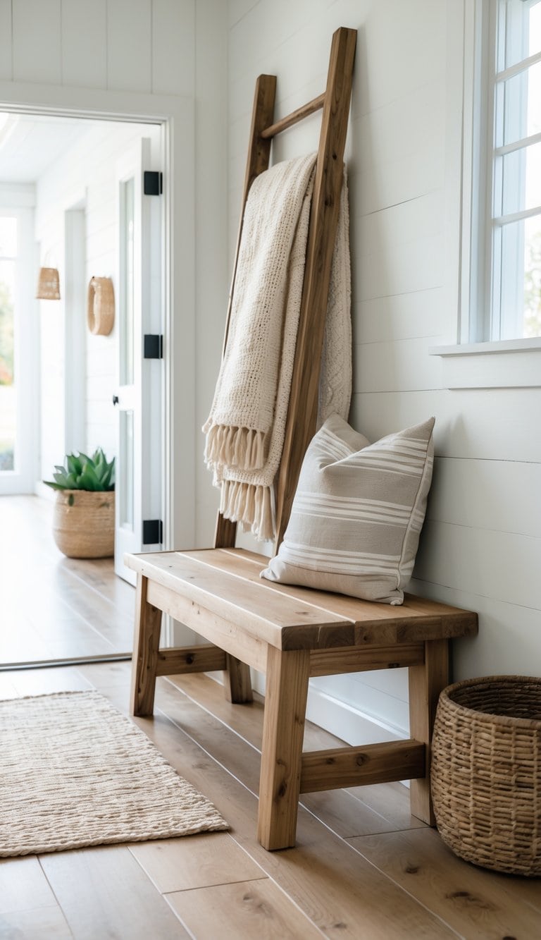 Wooden bench with a blanket ladder beside it in a bright entryway with natural light.