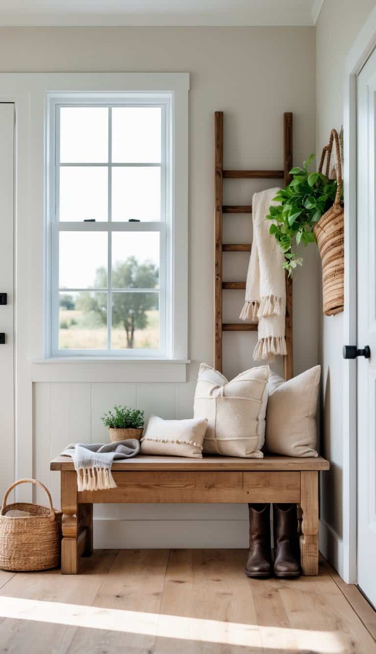 Wooden bench with ladder back design in a bright entryway with plants and boots underneath.