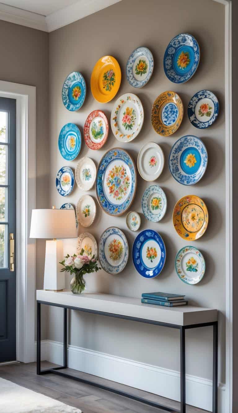 Entryway with a gallery wall of colorful hand-painted plates above a console table with decorative items.