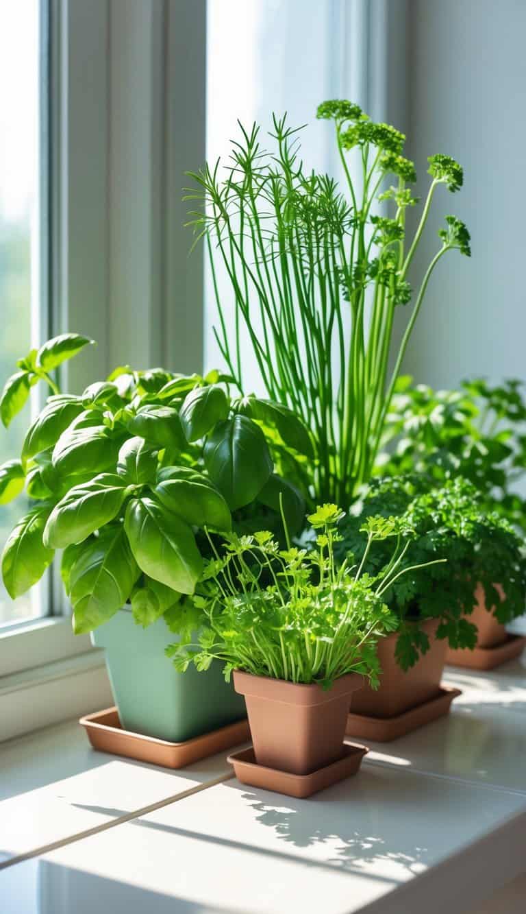 A window sill with small pots of basil, chives, and parsley growing in a bright indoor space.