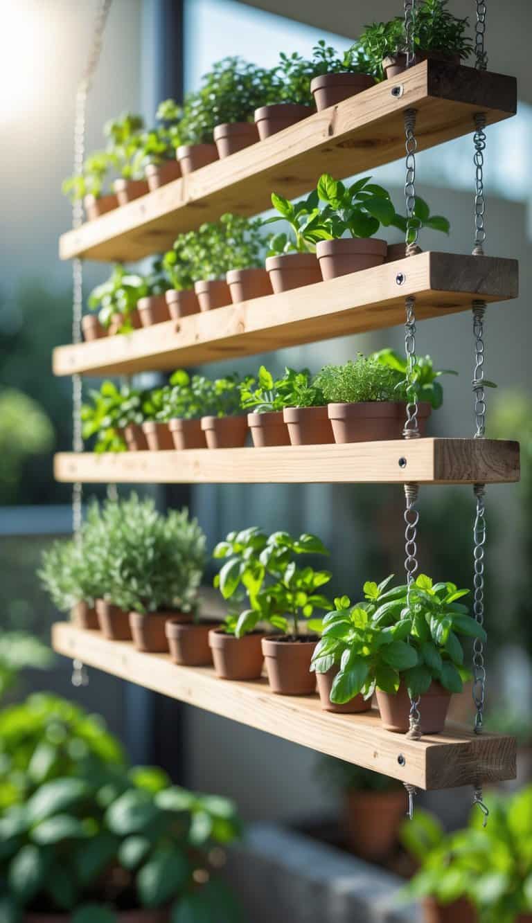 A hanging herb garden made of wooden planks and metal rods with small pots of green herbs arranged on multiple levels.