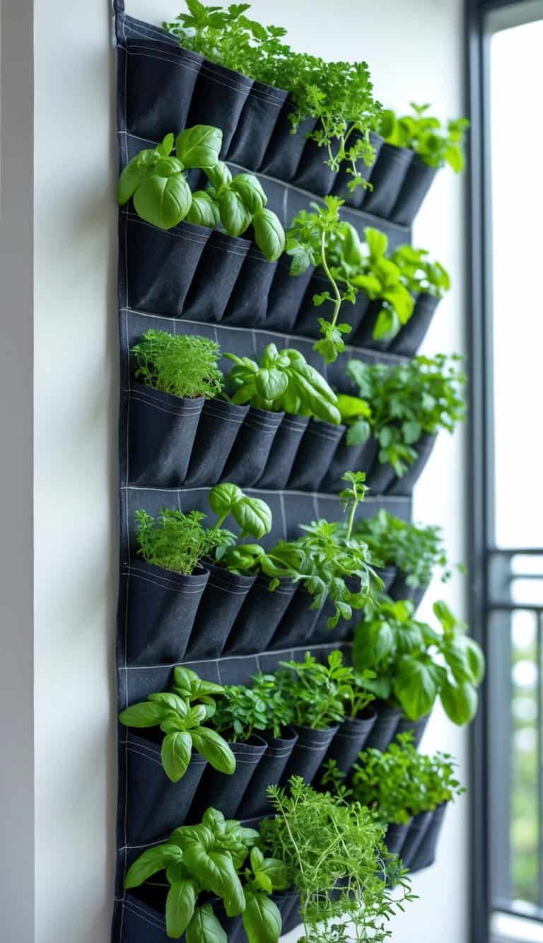 A wall-mounted vertical garden pocket planter with multiple small pockets filled with fresh green herbs hanging on a white wall.