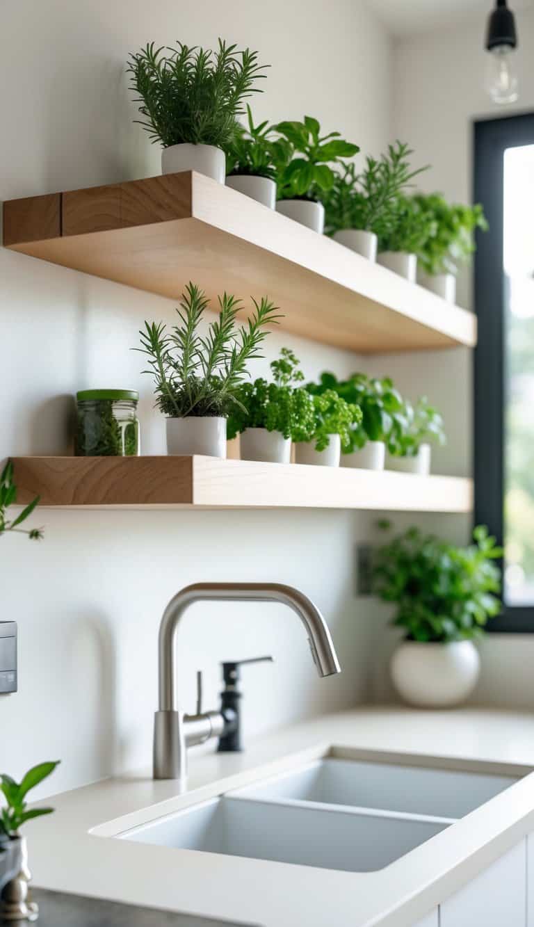 Floating wooden shelves above a kitchen sink holding potted rosemary and sage plants.