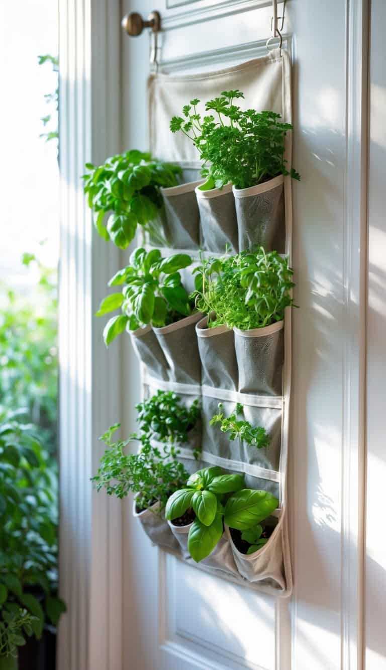 A door with a fabric shoe organizer holding multiple pots of fresh green herbs growing in clear pockets.