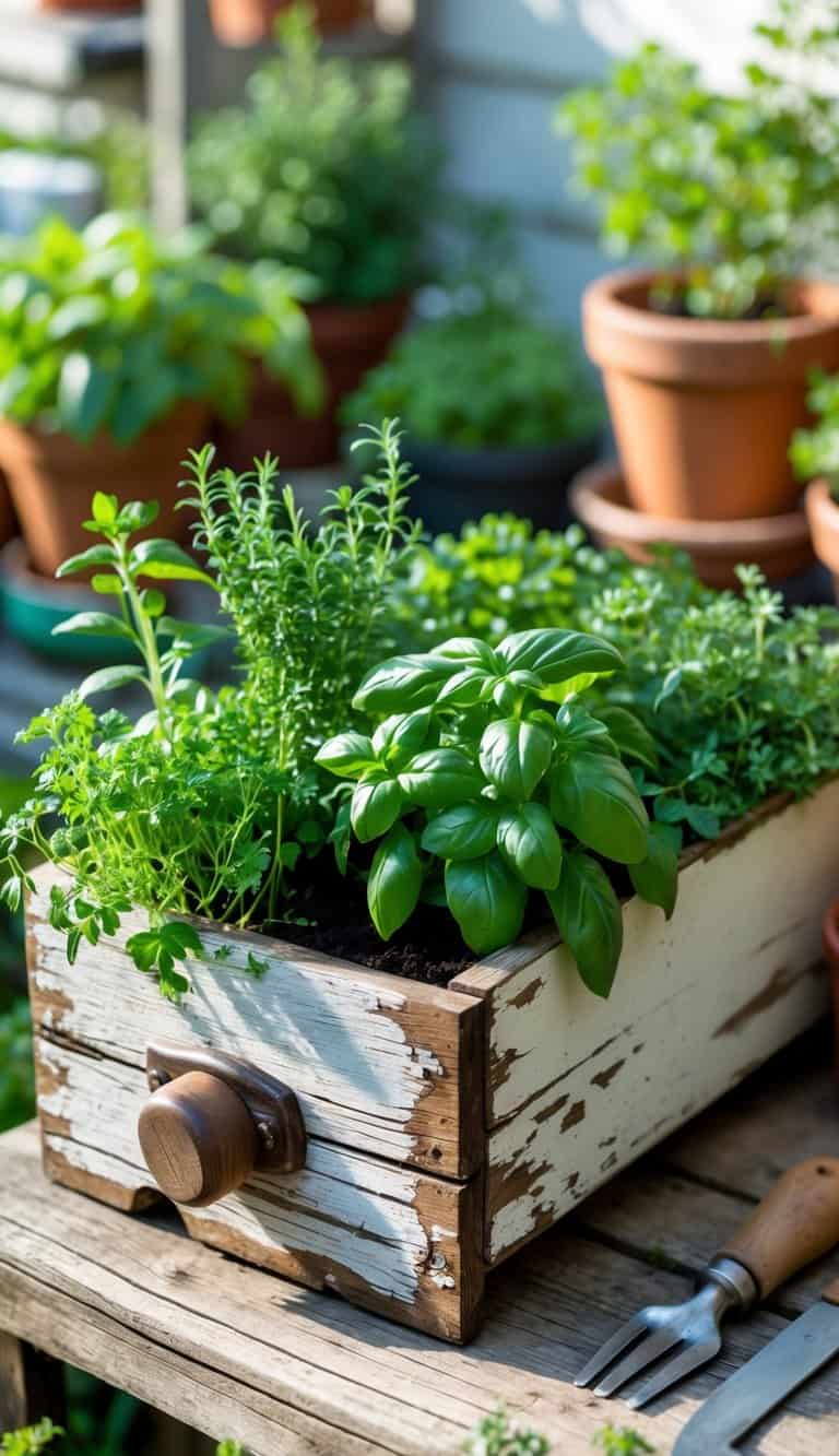 An old wooden drawer filled with various green herbs sitting outdoors on a wooden surface surrounded by gardening tools and plants.