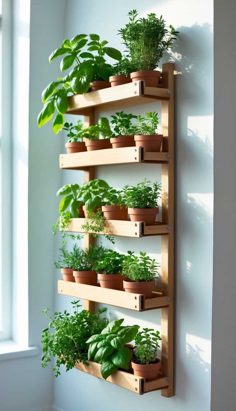 Vertical shoe rack converted into a small indoor herb garden with multiple pots of fresh green herbs.