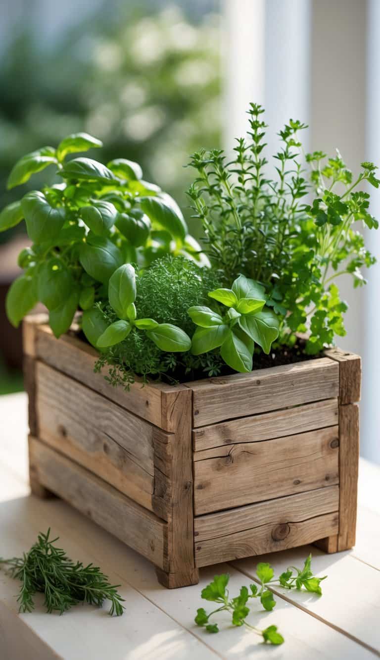 A reclaimed wood box planter filled with various fresh mixed herbs on a wooden surface.