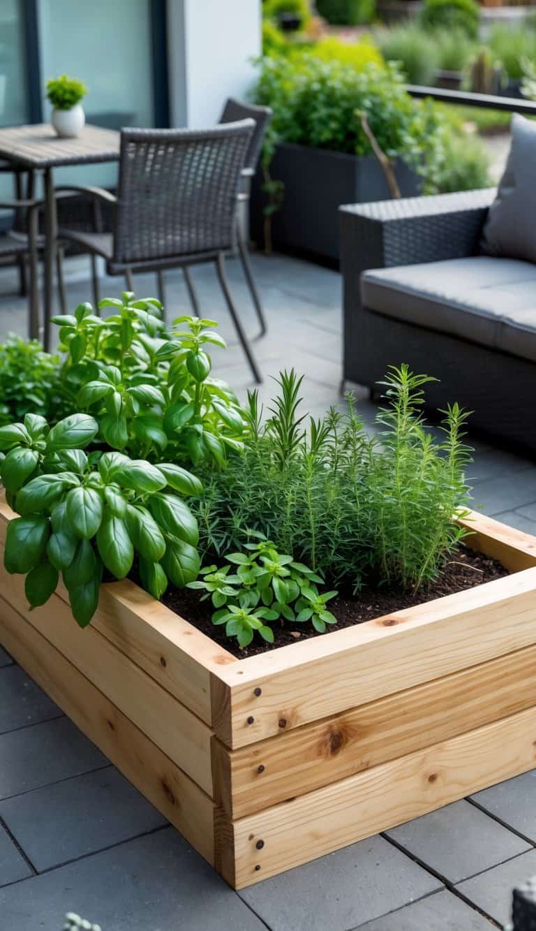 Raised wooden garden bed on a small patio filled with various fresh herb plants.