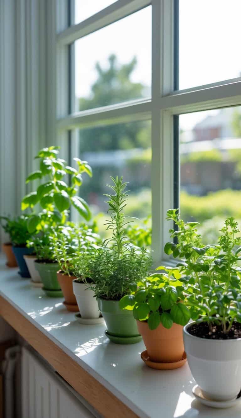A tabletop herb garden with various small potted herbs placed in a bright window bay with sunlight coming through.