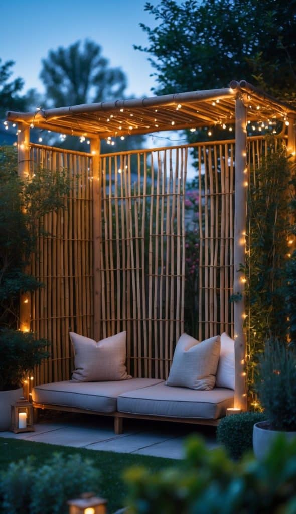 A cozy outdoor seating area with a bamboo pergola, string lights, and cushioned seats, surrounded by plants in the evening.