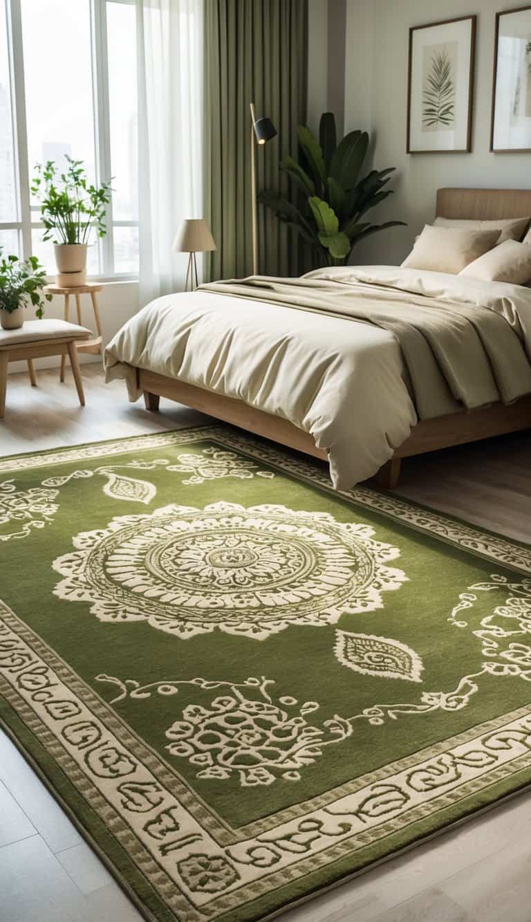 A bedroom with an olive green area rug with beige patterns on the floor, a bed, nightstand, lamp, and plants.