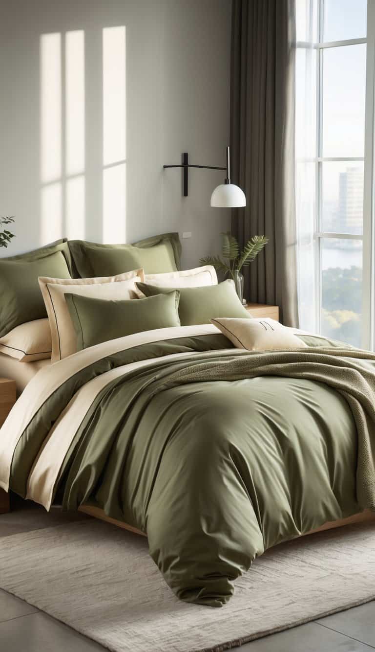 A bedroom with a bed made up in olive green and cream bedding, featuring a nightstand with a plant and a lamp.