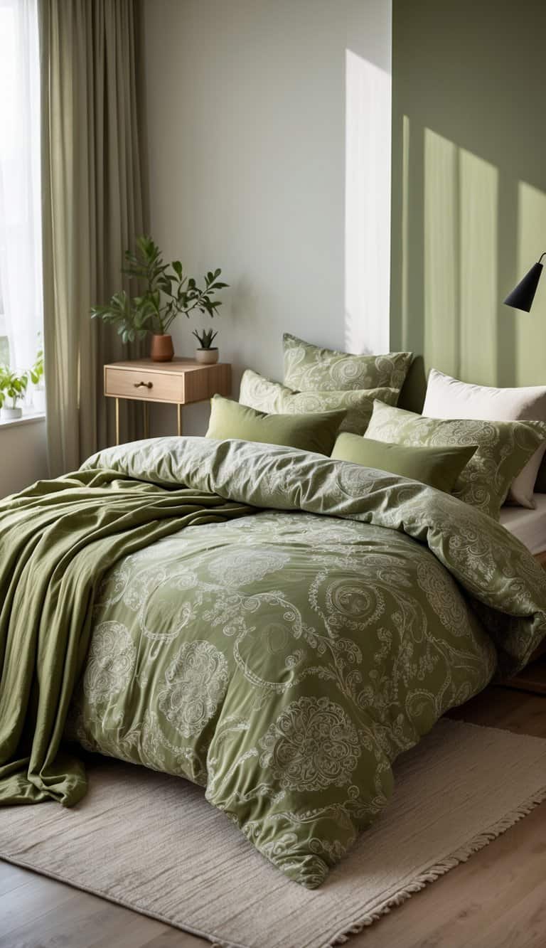 A bedroom with a bed covered in olive green patterned duvet covers, natural light coming through a window, and simple furniture around.