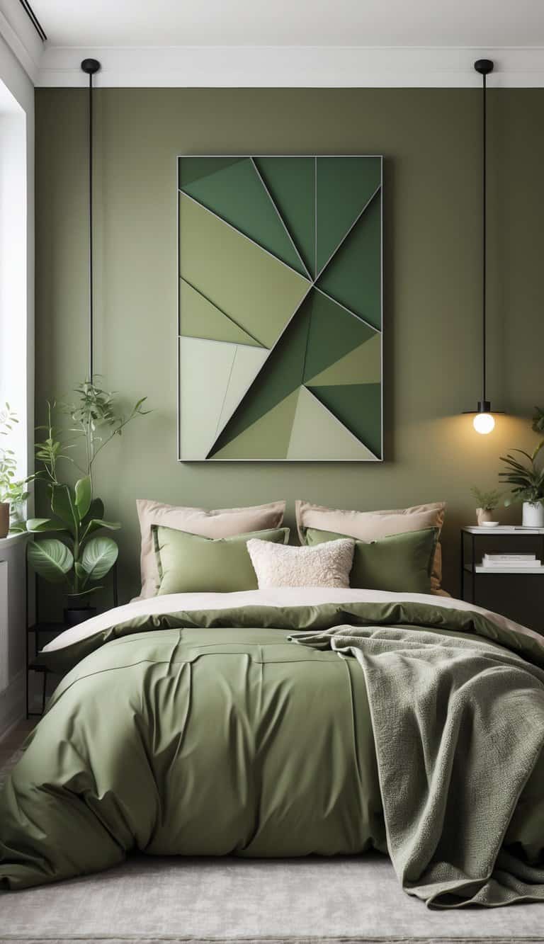 A bedroom with a bed under a geometric olive green wall art, featuring olive green bedding and natural light.