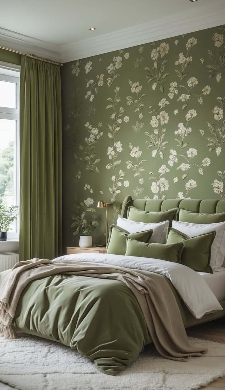 A bedroom with an olive green floral wallpaper accent wall behind a neatly made bed with pillows and a throw blanket, illuminated by natural light from large windows.