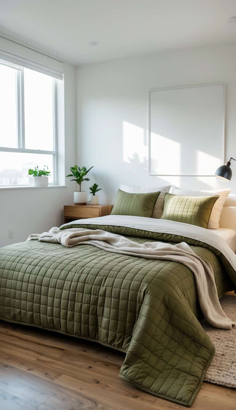 A bedroom with a bed covered by an olive green quilted bedspread and matching pillows, with a nightstand and soft natural light coming through a window.
