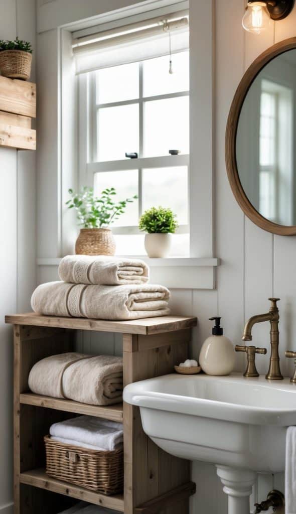A tidy bathroom with stacked towels on wooden shelves, potted plants on the windowsill, a round mirror, and a white sink with a brass faucet.
