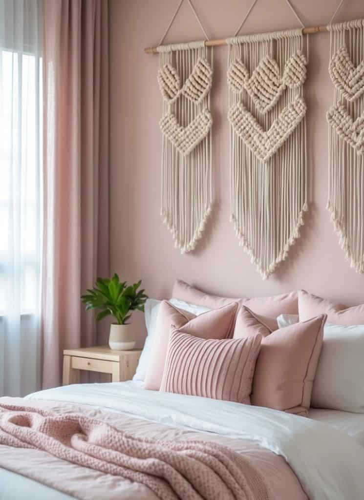 A neatly made bed with pink pillows and a pink blanket, set against a pink wall with large macramé wall hangings and a small plant on a bedside table.