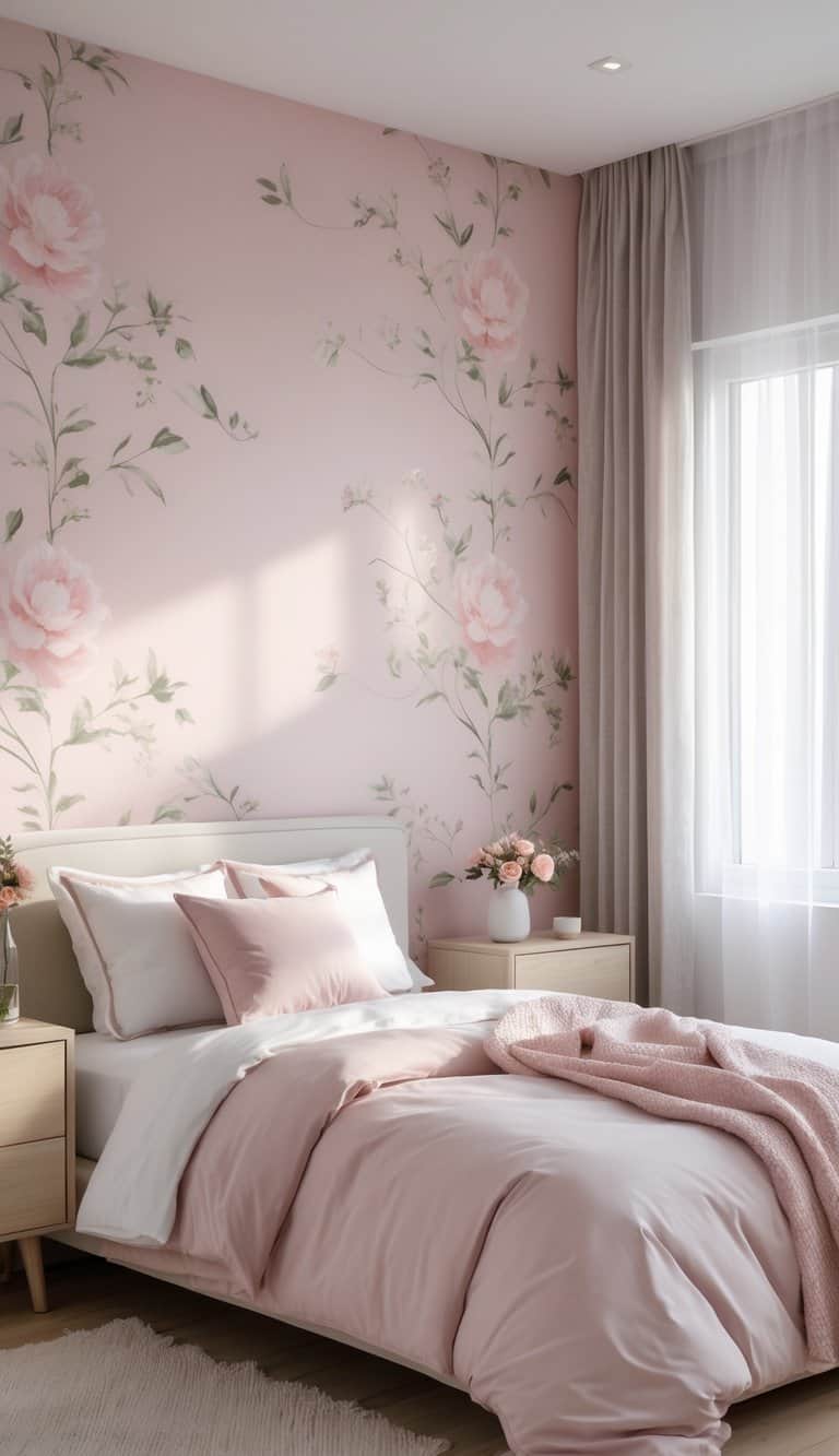 A bedroom with a floral blush pink accent wall, a neatly made bed with pink and white bedding, wooden furniture, and natural light coming through a window.