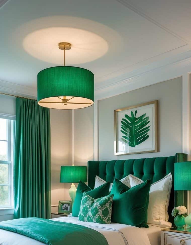 A modern bedroom with a green upholstered bed, green bedding, matching green lamps, and a large green leaf artwork above the bed. Natural light enters through a window with green curtains.