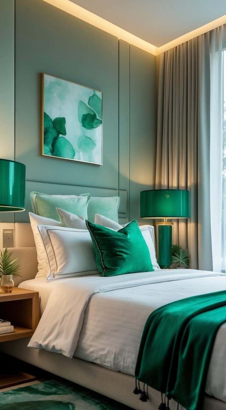 Modern bedroom with green accents, featuring a neatly made bed, green lamps, abstract wall art, and a window with curtains letting in natural light.