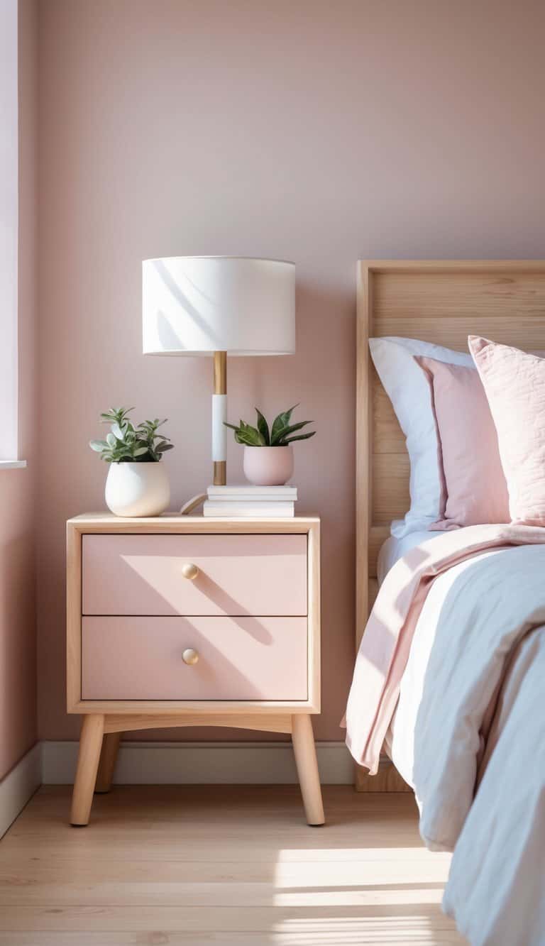 A bedroom with two blush pink and light wood nightstands next to a bed with white and blush pink bedding, soft natural light filling the room.