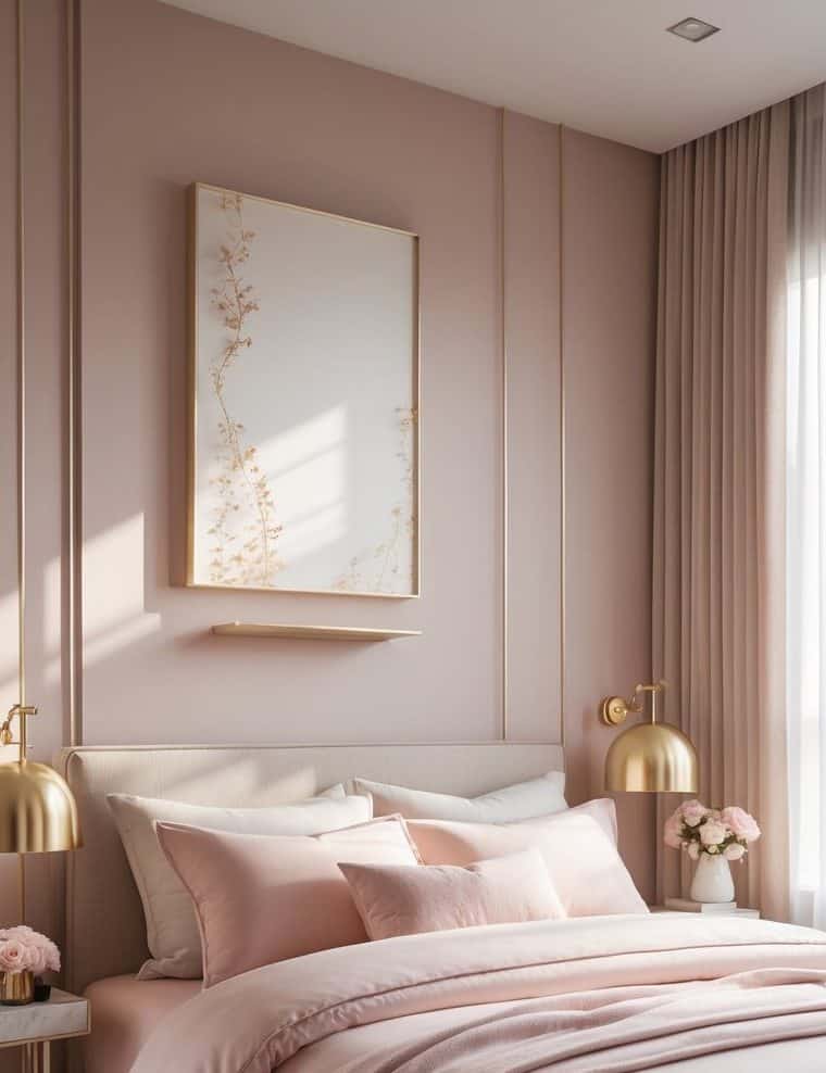 A neatly made bed with blush pink bedding in a softly lit bedroom, featuring gold accents, a floral artwork, and pink flowers on bedside tables.