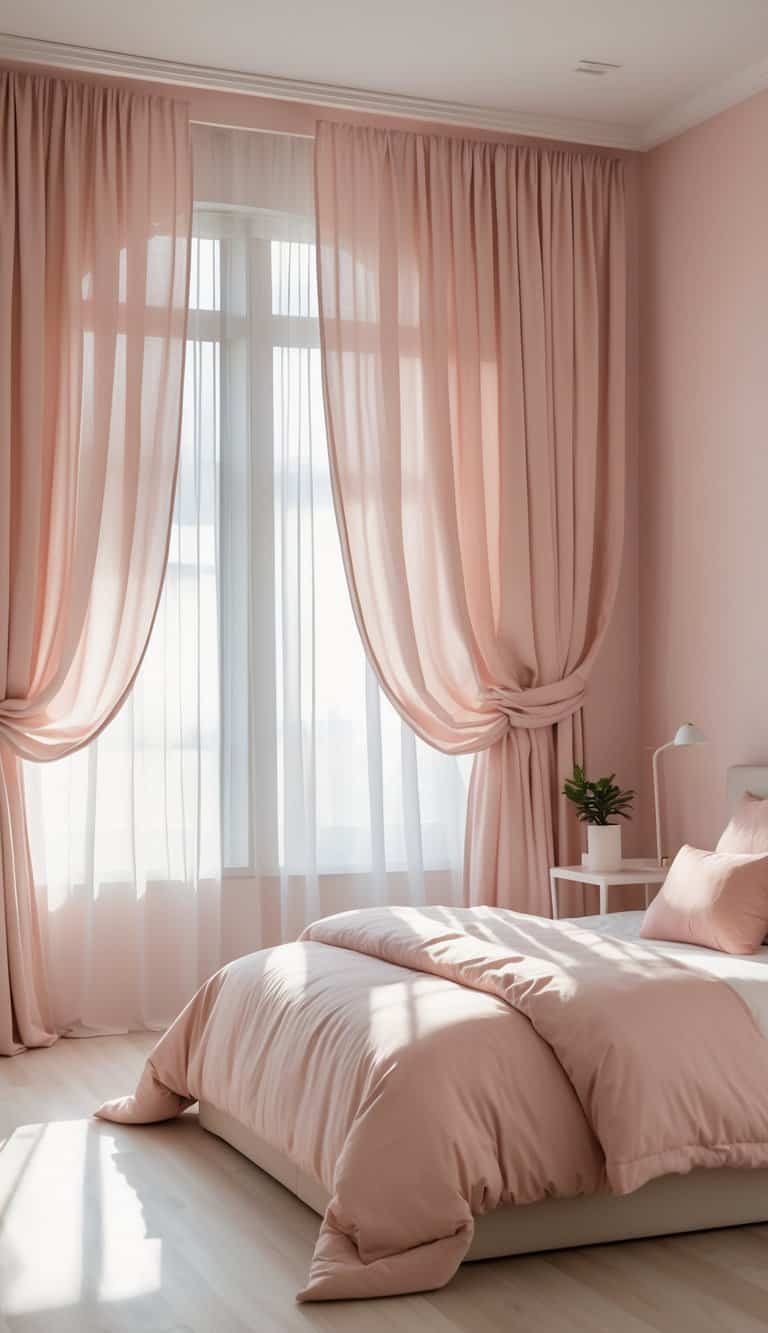 A bedroom with large windows covered by blush pink and beige layered curtains, a bed with matching pillows, and soft natural light filling the room.