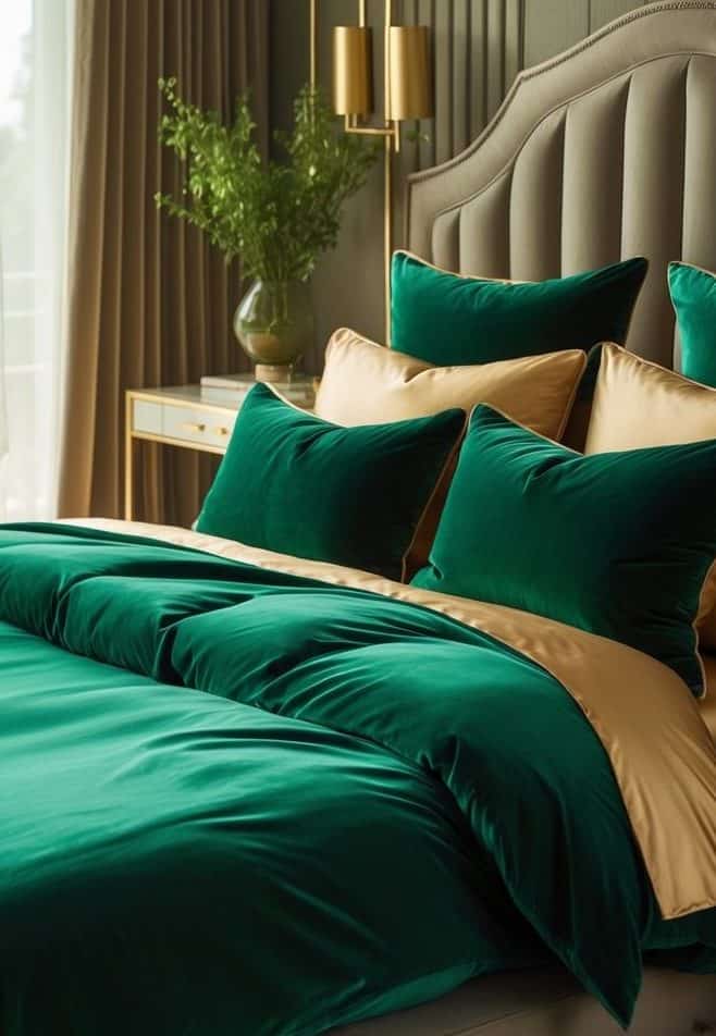 A neatly made bed with emerald green and beige bedding, plush pillows, and a tufted headboard, next to a nightstand with a vase of greenery by a sunlit window.
