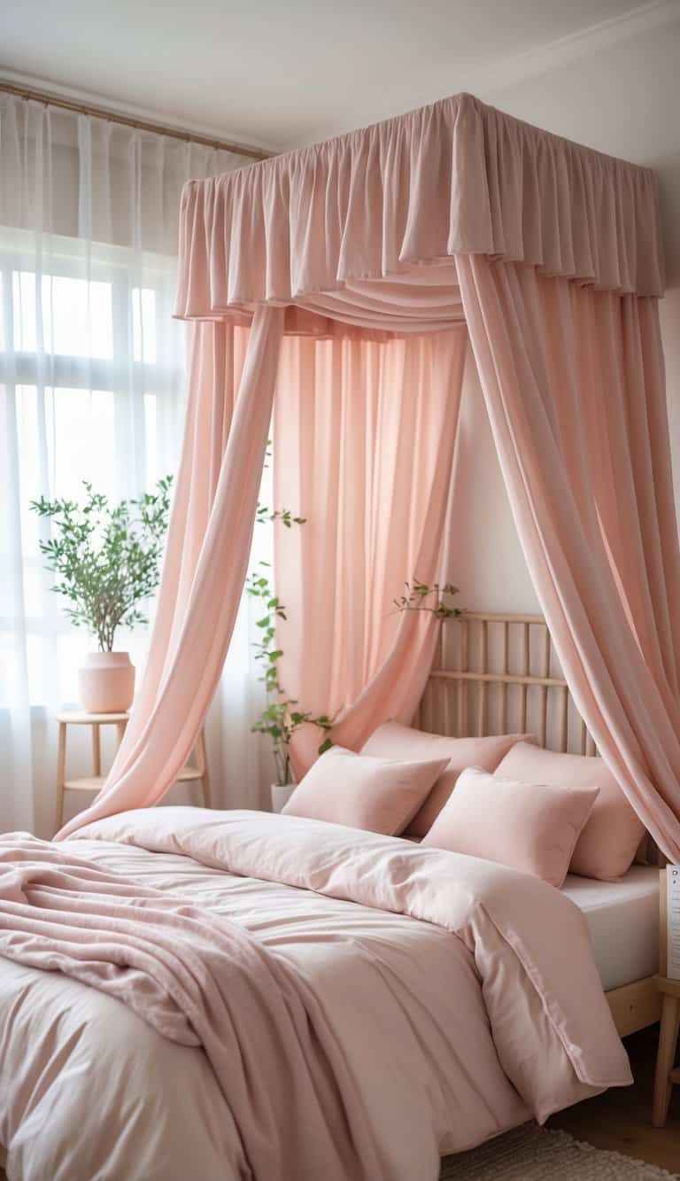 A bedroom with a bed covered by a soft blush pink canopy and matching bedding, surrounded by light furniture and plants.