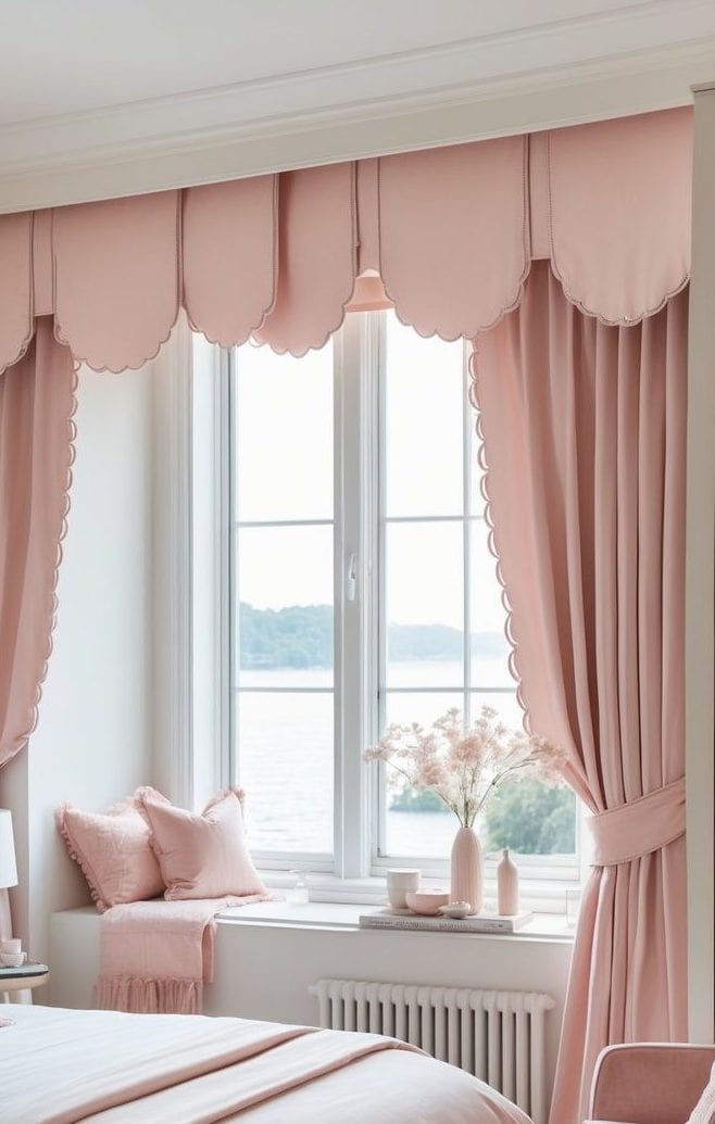 A bedroom with a large window, pink scalloped curtains, matching bedding, and a view of water and greenery outside. There is a pink chair, bench, and decorative pillows.