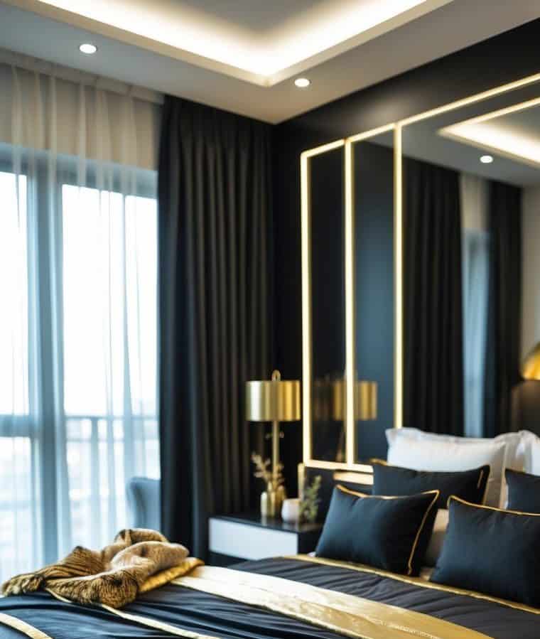 Modern bedroom with black and gold bedding, large windows with sheer curtains, matching pillows, and contemporary lighting.