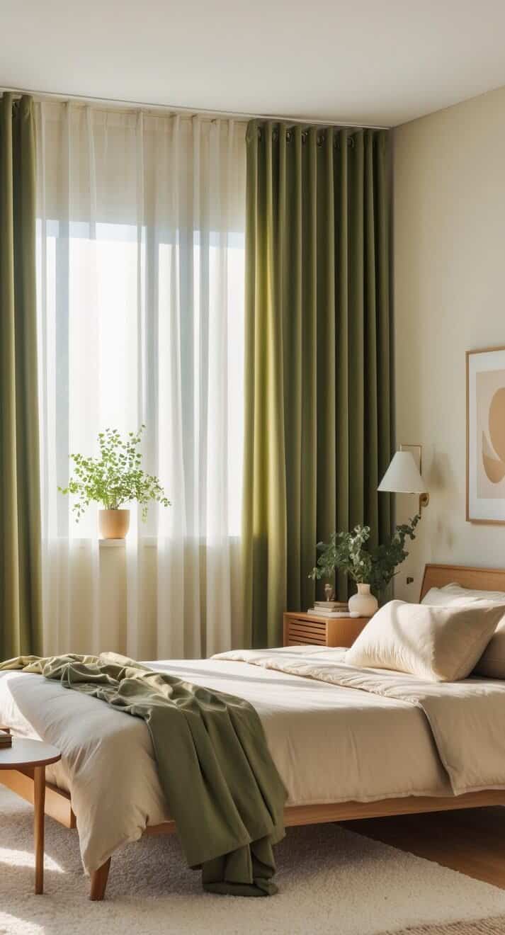 A bright bedroom with a neatly made bed, green curtains, light bedding, a potted plant on the windowsill, wooden furniture, and modern wall art.