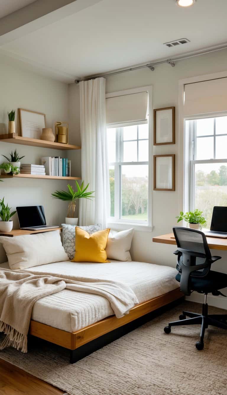 A guest room and office combo with a cozy daybed, desk with laptop, office chair, shelves with books, and plants near a window.