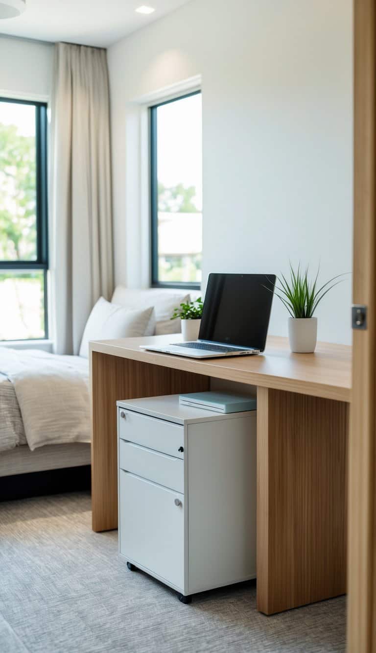 A guest room and office combo with a slim drawer filing cabinet under a wooden desk, a laptop on the desk, and a bed in the background.