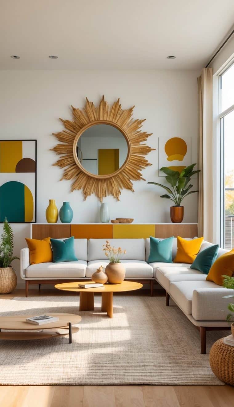 Modern living room with a white sectional sofa, colorful cushions, round yellow coffee table, sunburst mirror, abstract wall art, and decorative plants. Natural light fills the space.
